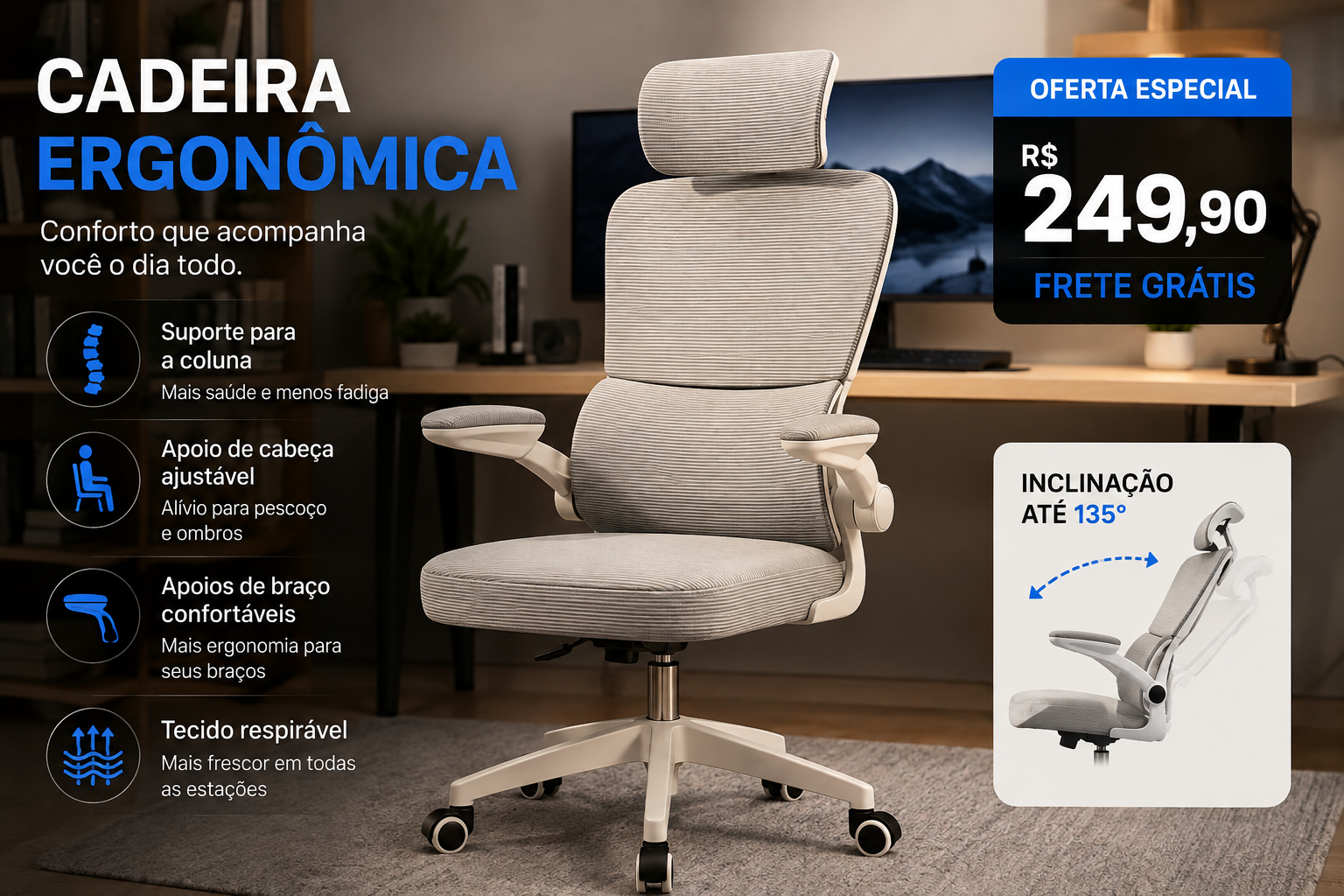 Cadeira ergonômica BUMMES com oferta especial e frete grátis